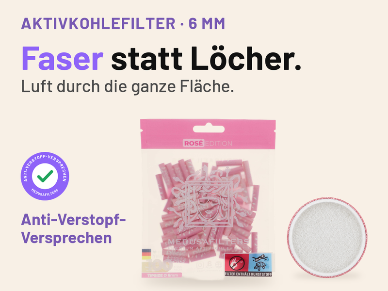 Medusafilters Aktivkohlefilter 6 mm: 100er-Beutel ROSÉ Edition neben einer Faserkappe in Draufsicht. Text: Faser statt Löcher. Luft durch die ganze Fläche. Siegel mit Häkchen: Anti-Verstopf-Versprechen