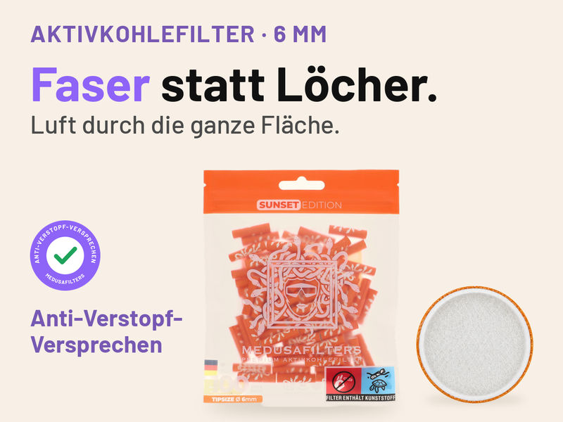 Medusafilters Aktivkohlefilter 6 mm: 100er-Beutel SUNSET Edition neben einer Faserkappe in Draufsicht. Text: Faser statt Löcher. Luft durch die ganze Fläche. Siegel mit Häkchen: Anti-Verstopf-Versprechen