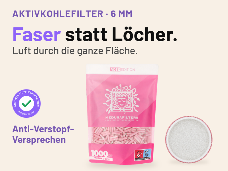 Medusafilters Aktivkohlefilter 6 mm: 1000er-Beutel ROSÉ Edition neben einer Faserkappe in Draufsicht. Text: Faser statt Löcher. Luft durch die ganze Fläche. Siegel mit Häkchen: Anti-Verstopf-Versprechen