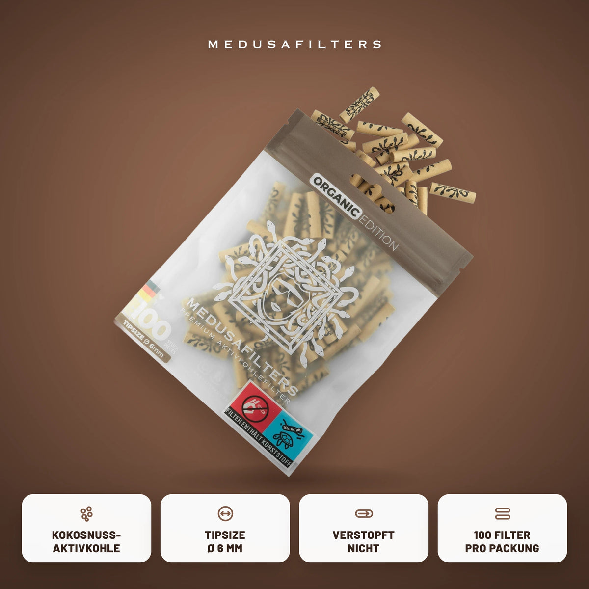 Medusafilters Aktivkohlefilter 6 mm ORGANIC Edition, 100er-Packung, Kokosnuss-Aktivkohle, Tipsize 6 mm