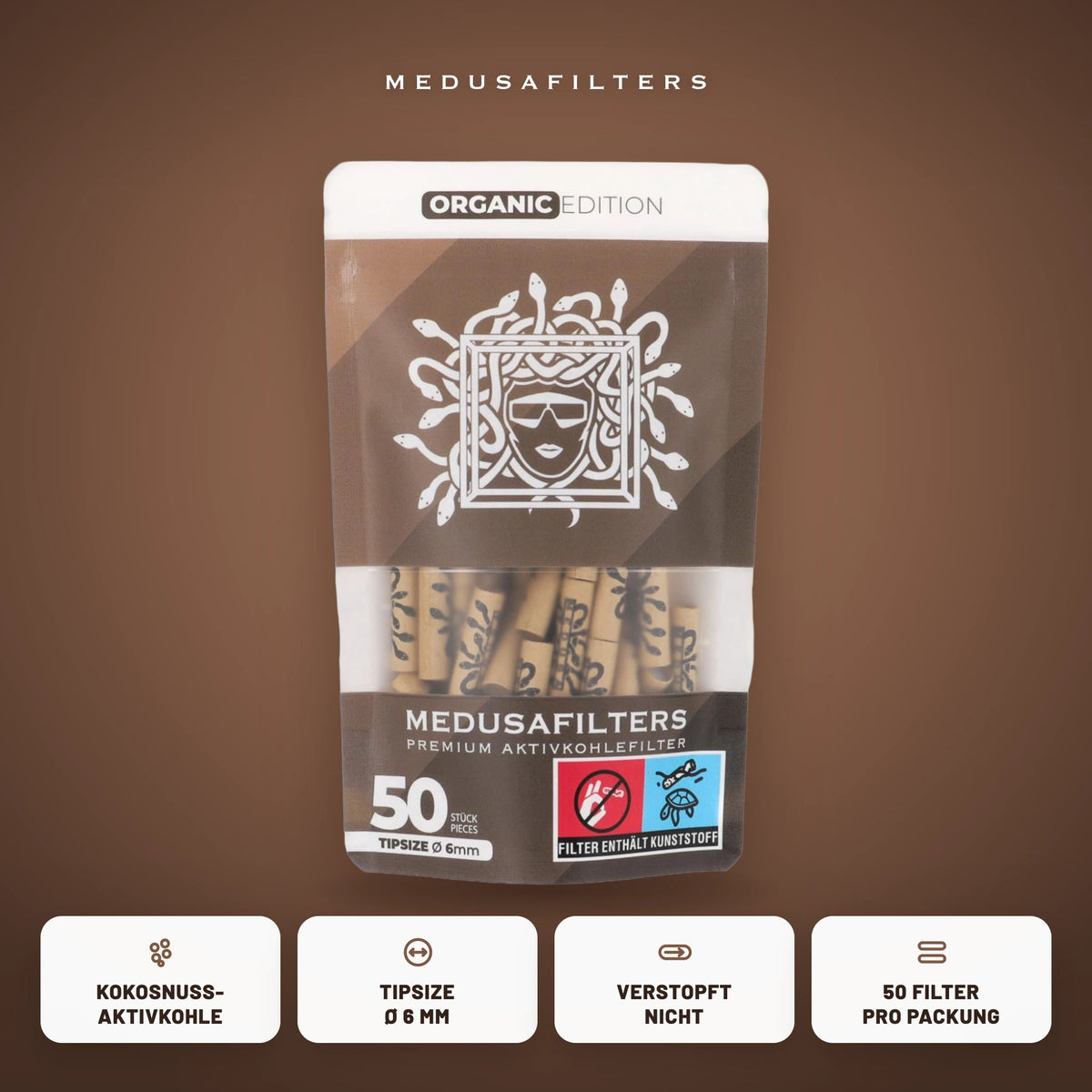 Medusafilters Aktivkohlefilter 6 mm ORGANIC Edition, 50er-Packung, Kokosnuss-Aktivkohle, Tipsize 6 mm