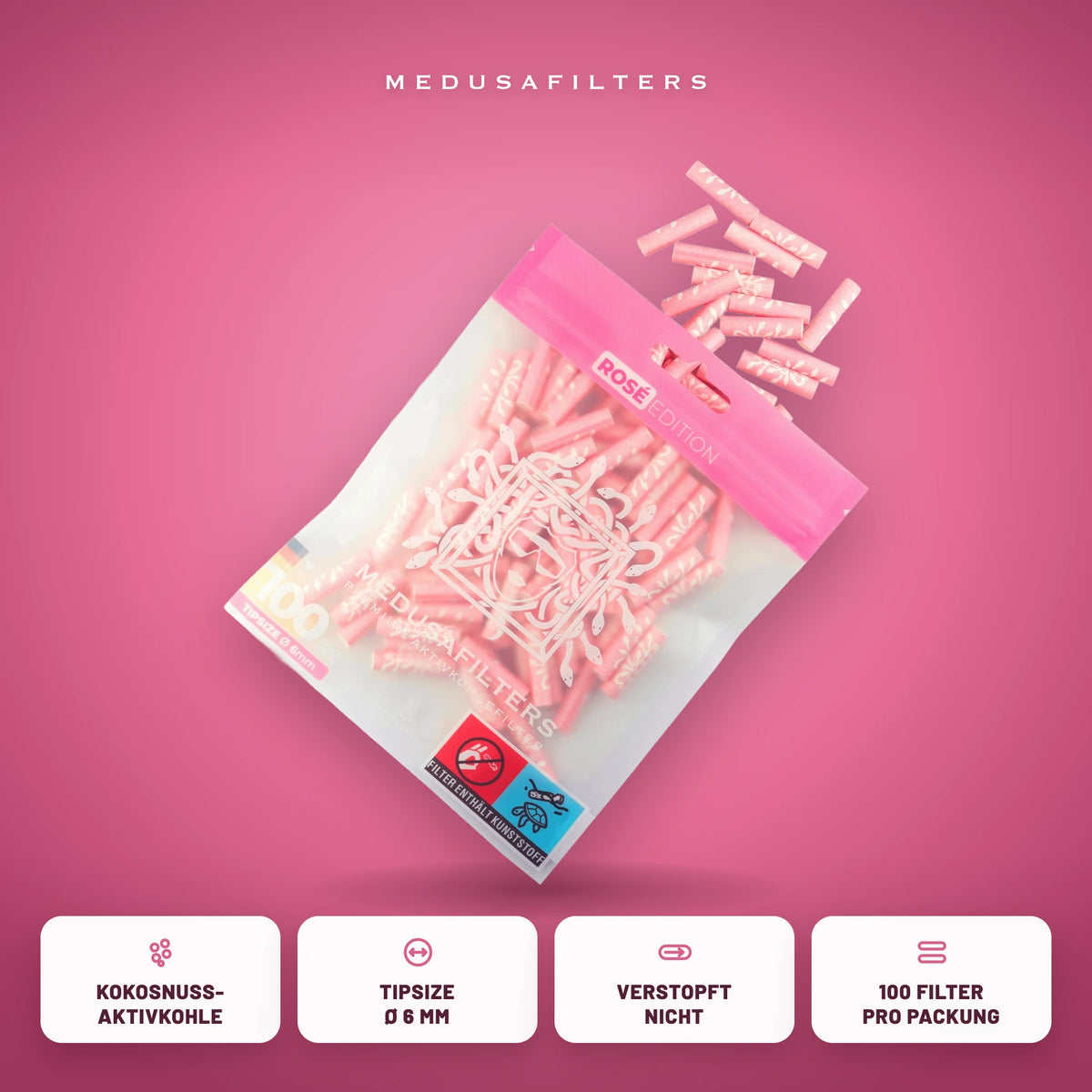 Medusafilters Aktivkohlefilter 6 mm ROSÉ Edition, 100er-Packung, Kokosnuss-Aktivkohle, Tipsize 6 mm