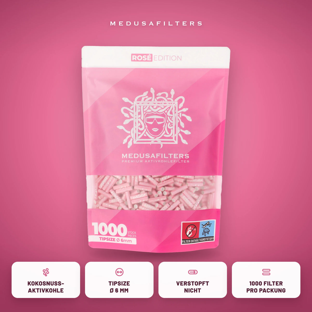 Medusafilters Aktivkohlefilter 6 mm ROSÉ Edition, 1000er-Packung, Kokosnuss-Aktivkohle, Tipsize 6 mm