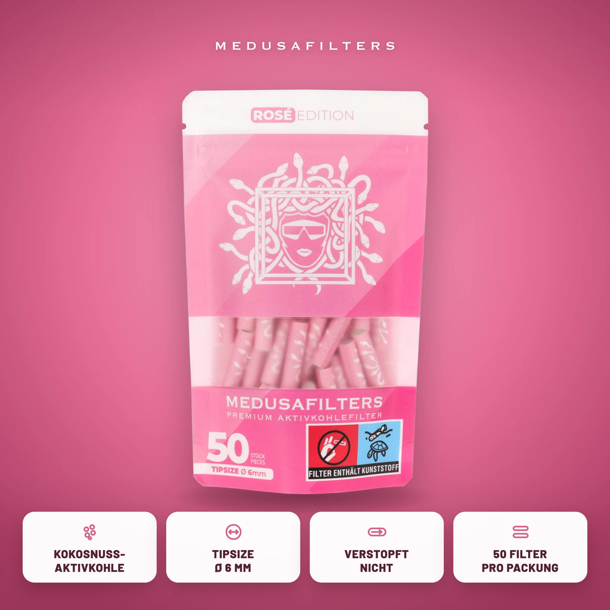 Medusafilters Aktivkohlefilter 6 mm ROSÉ Edition, 50er-Packung, Kokosnuss-Aktivkohle, Tipsize 6 mm
