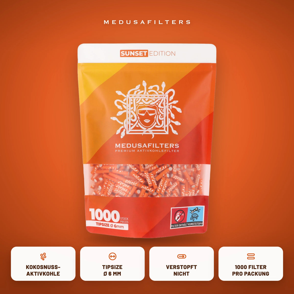 Medusafilters Aktivkohlefilter 6 mm SUNSET Edition, 1000er-Packung, Kokosnuss-Aktivkohle, Tipsize 6 mm