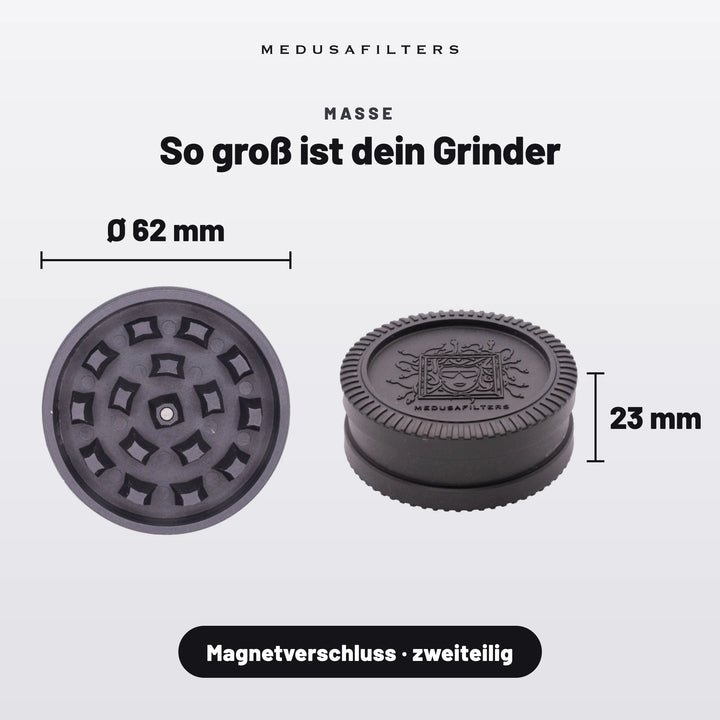 So groß ist dein Grinder: BLACK, Draufsicht Ø 62 mm und Seitenansicht 23 mm hoch, Magnetverschluss, zweiteilig