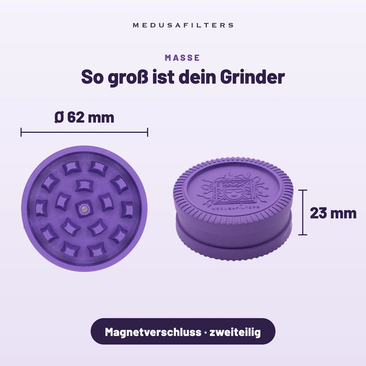 So groß ist dein Grinder: VIOLET, Draufsicht Ø 62 mm und Seitenansicht 23 mm hoch, Magnetverschluss, zweiteilig
