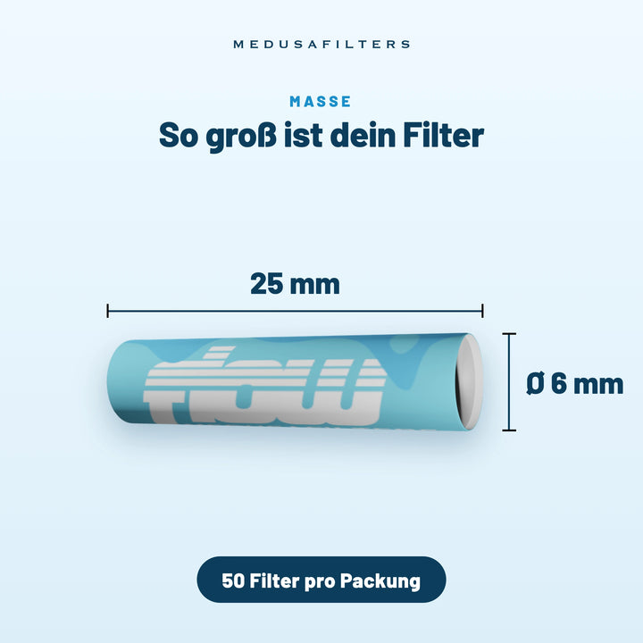 So groß ist dein Filter: FLOW Filter, 25 mm lang, Ø 6 mm, 50 Filter pro Packung