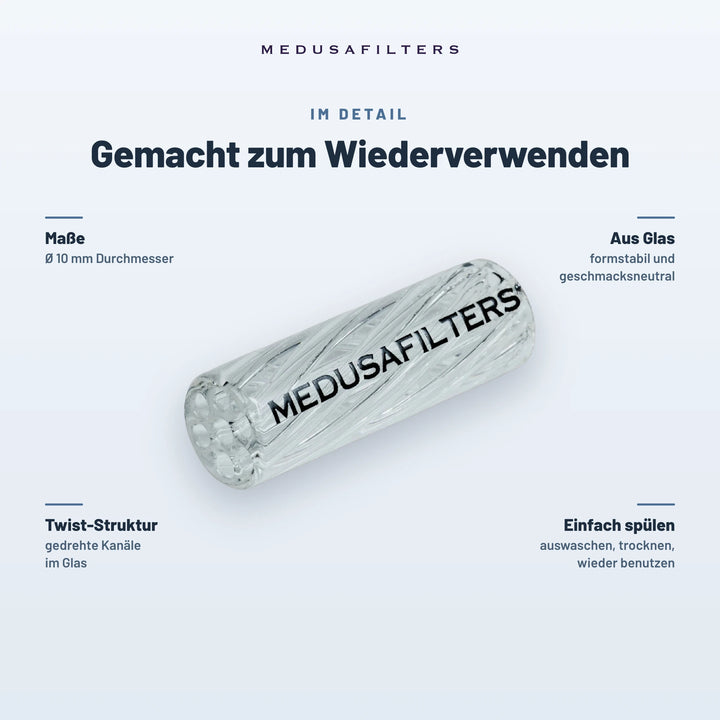 Gemacht zum Wiederverwenden: Twisted Glasfilter TRANSPARENT, Ø 10 mm. Aus Glas, formstabil und geschmacksneutral; Twist-Struktur mit gedrehten Kanälen; einfach spülen, trocknen, wieder benutzen