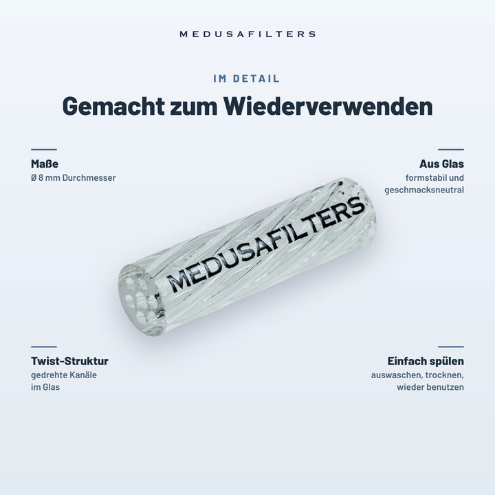 Gemacht zum Wiederverwenden: Twisted Glasfilter TRANSPARENT, Ø 8 mm. Aus Glas, formstabil und geschmacksneutral; Twist-Struktur mit gedrehten Kanälen; einfach spülen, trocknen, wieder benutzen