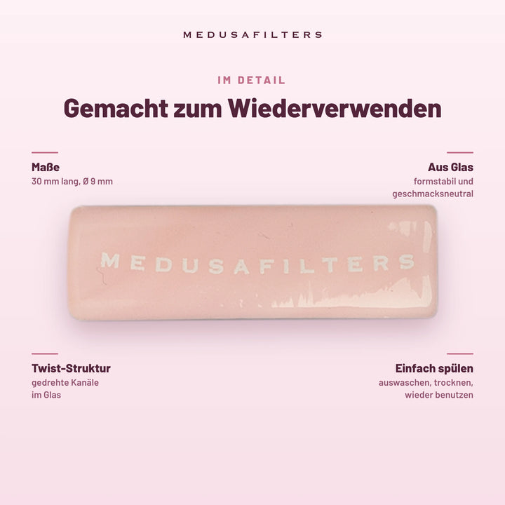Gemacht zum Wiederverwenden: Twisted Glasfilter ROSÉ, 30 mm lang, Ø 9 mm. Aus Glas, formstabil und geschmacksneutral; Twist-Struktur mit gedrehten Kanälen; einfach spülen, trocknen, wieder benutzen