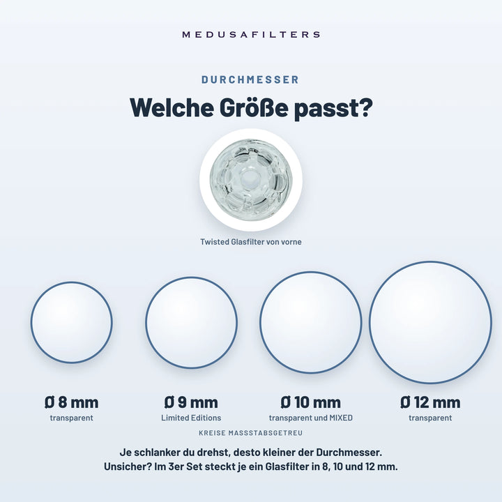 Welche Größe passt? Twisted Glasfilter von vorn und maßstabsgetreue Kreise: Ø 8 mm transparent, Ø 9 mm Limited Editions, Ø 10 mm transparent und MIXED, Ø 12 mm transparent. Im 3er Set steckt je ein Glasfilter in 8, 10 und 12 mm