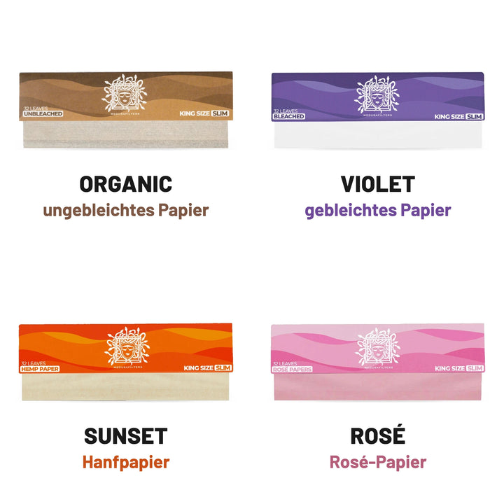 Longpapers King Size Slim in vier Editionen: ORGANIC mit ungebleichtem Papier, VIOLET mit gebleichtem Papier, SUNSET mit Hanfpapier, ROSÉ mit Rosé-Papier