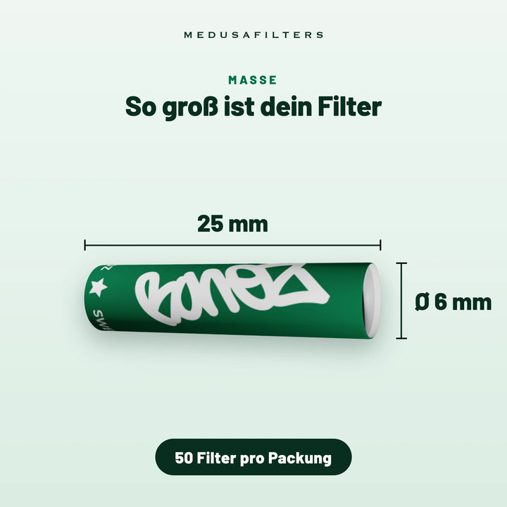 So groß ist dein Filter: Aktivkohlefilter im Design von BONEZ MC, 25 mm lang, Ø 6 mm, 50 Filter pro Packung