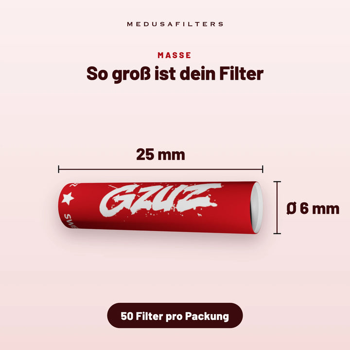 So groß ist dein Filter: Aktivkohlefilter im Design von GZUZ, 25 mm lang, Ø 6 mm, 50 Filter pro Packung