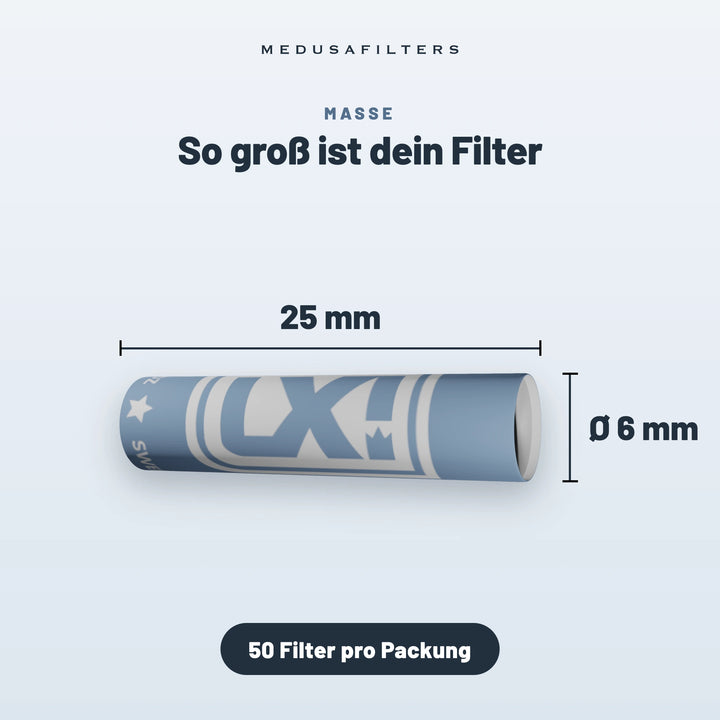 So groß ist dein Filter: Aktivkohlefilter im Design von LX, 25 mm lang, Ø 6 mm, 50 Filter pro Packung