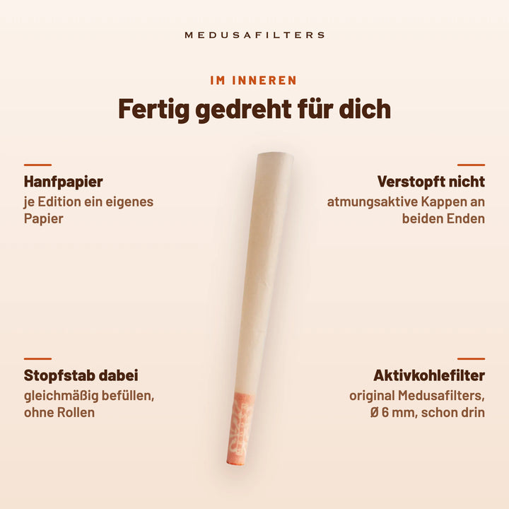 Fertig gedreht für dich: Pre-Rolled Cone SUNSET mit Hanfpapier; Aktivkohlefilter Ø 6 mm schon drin; verstopft nicht dank atmungsaktiver Kappen an beiden Enden; Stopfstab dabei