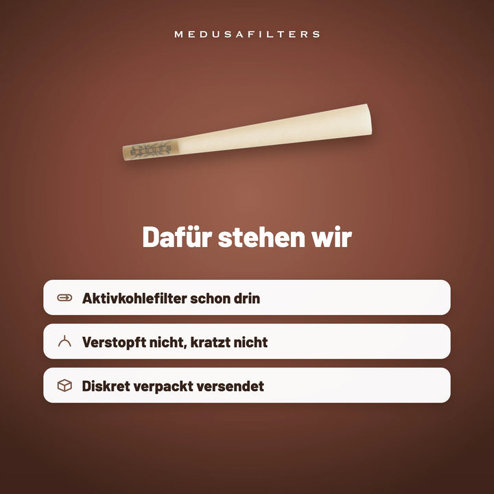 Dafür stehen wir: Pre-Rolled Cone ORGANIC. Aktivkohlefilter schon drin, verstopft nicht, kratzt nicht, diskret verpackt versendet