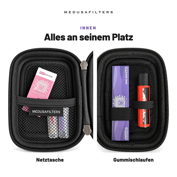 Alles an seinem Platz: beide Innenseiten des geöffneten Travel Hardcase, links die Netztasche, rechts die Gummischlaufen mit Heft und Feuerzeug